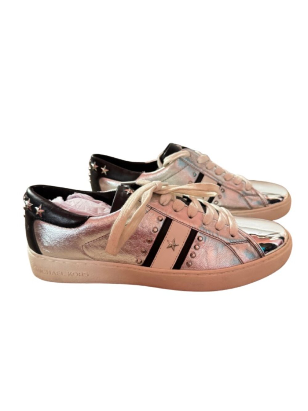Michael Kors Women's Frankie Stripe Sneaker Leather Silver Black Size 7.5 - Picture 4 of 11